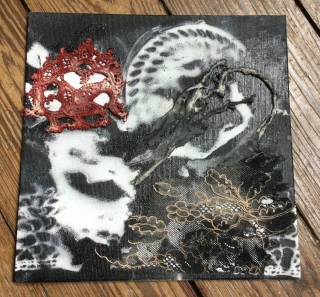 20 x 20 cm carton entoilée 2024 collage pochoir de dentelles - dentelles