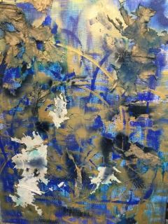 Collages sur toile 60x80 cm bleu or tissus élimés 2023 - dentelles